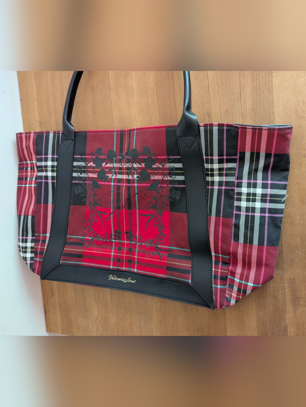 Victoria Secret Plaid Red Tote Bag with Black Handles